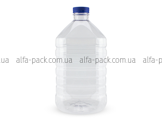 A 5 liter transparent bottle with a 48 mm neck with a stopper
